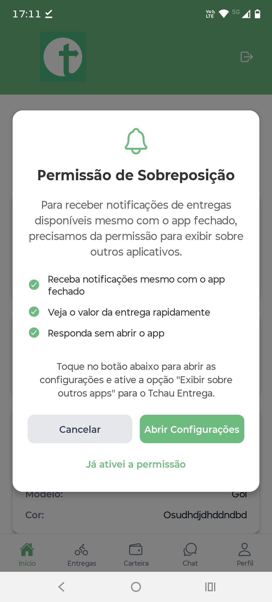 Aviso de permissão no aplicativo do motoboy.