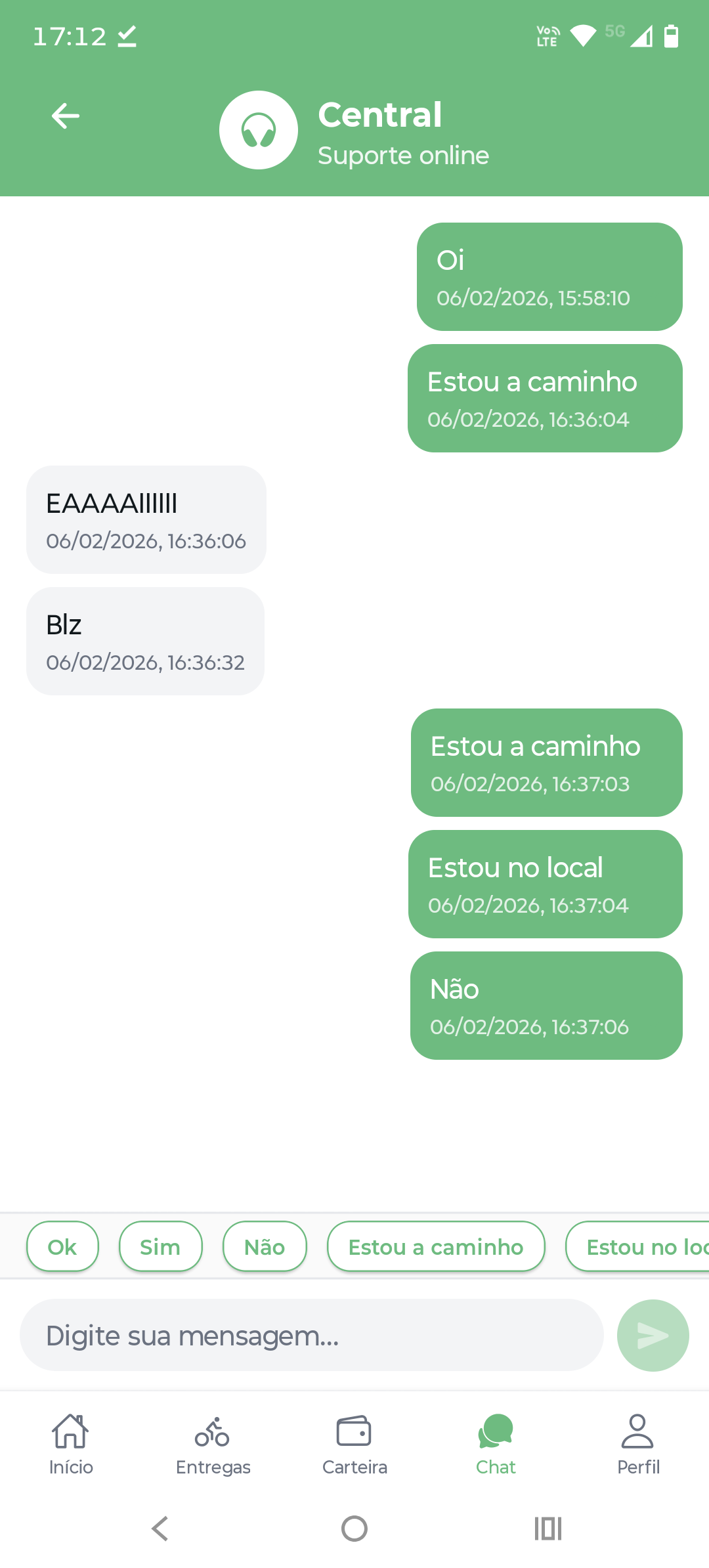 Tela de chat com a central no aplicativo.