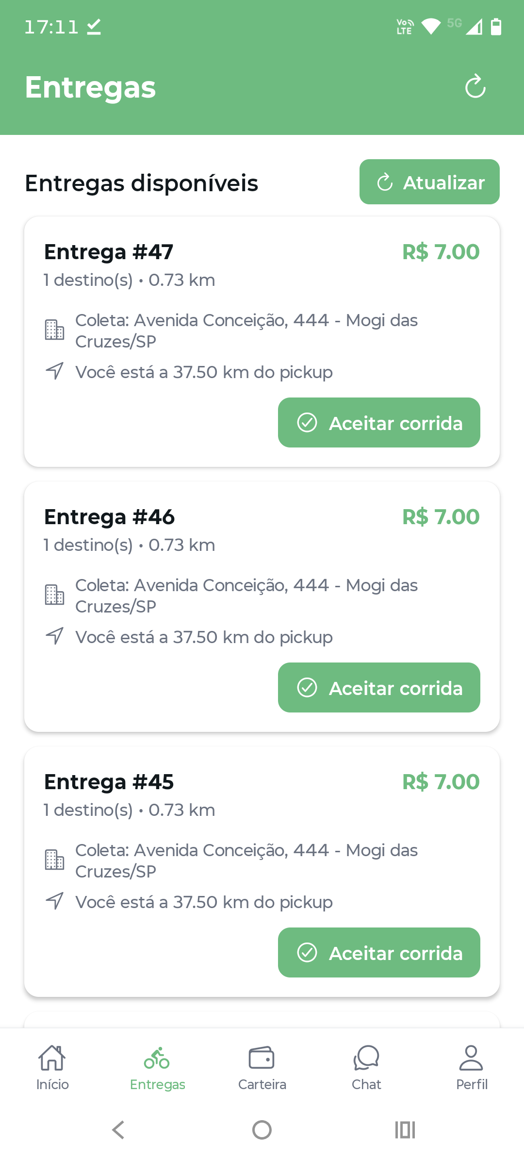 Tela de entregas disponíveis no app.
