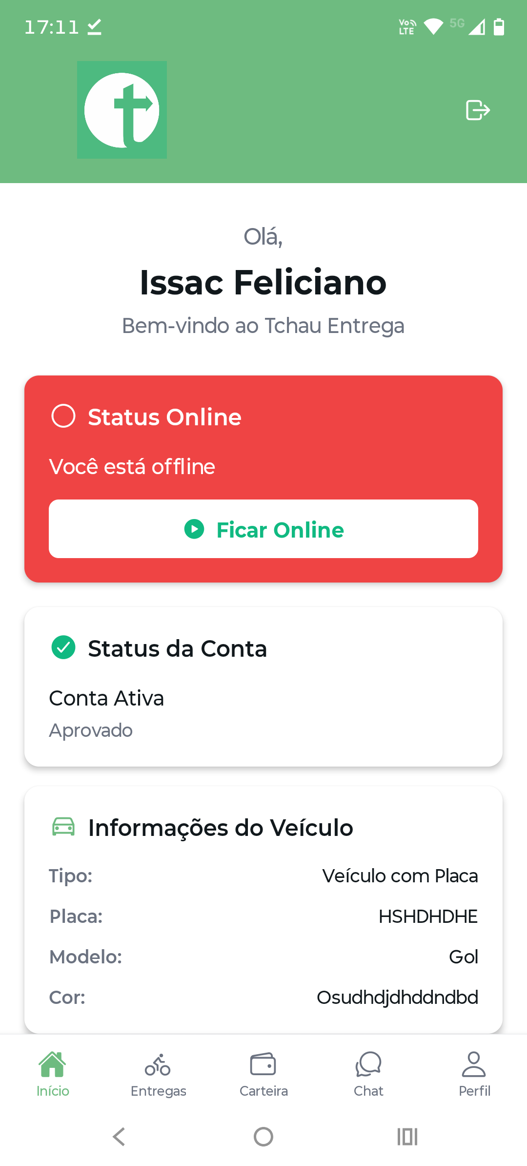 Tela inicial do app com status do motoboy.
