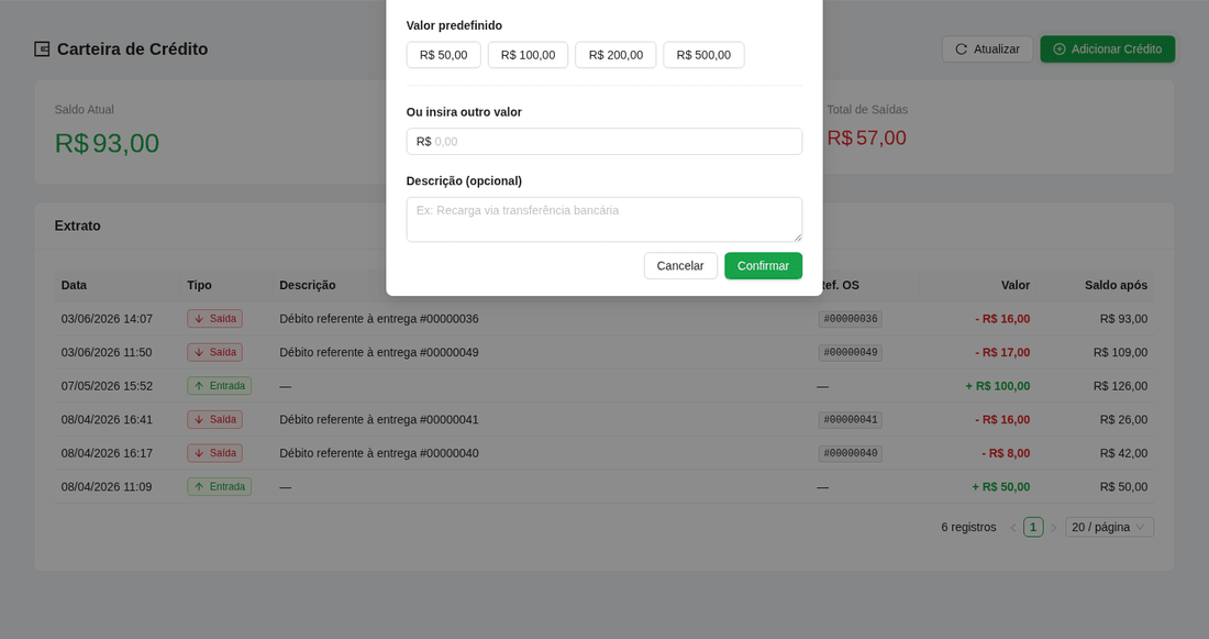 Modal de adicionar crédito no ambiente de empresa.